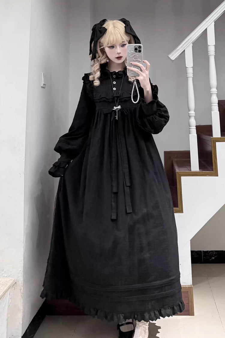 Gothic Nightgown with Ruffle Bow and Lace Trim, Long-Sleeve Sleepwear