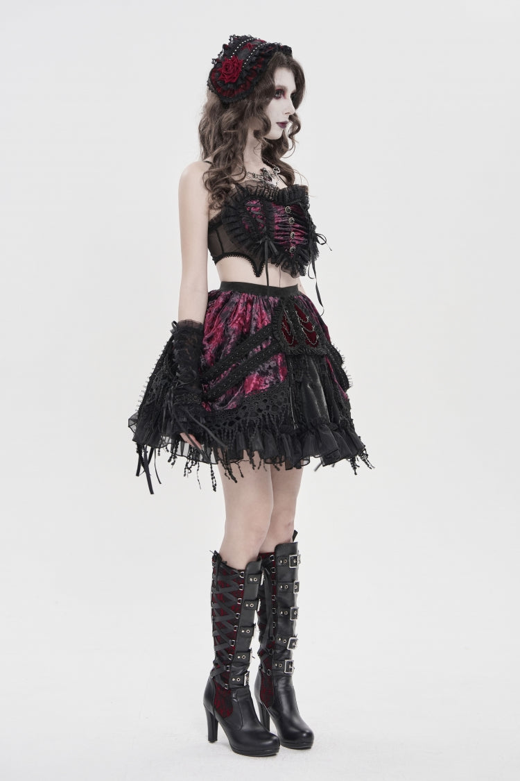 Crimson & Noir Off-Shoulder Bow Lace Color-Block Strappy Pleated Gothic Corset
