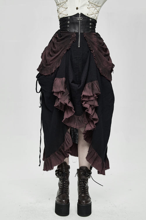 Steampunk Half Skirt with Drawstring and Burgundy Print