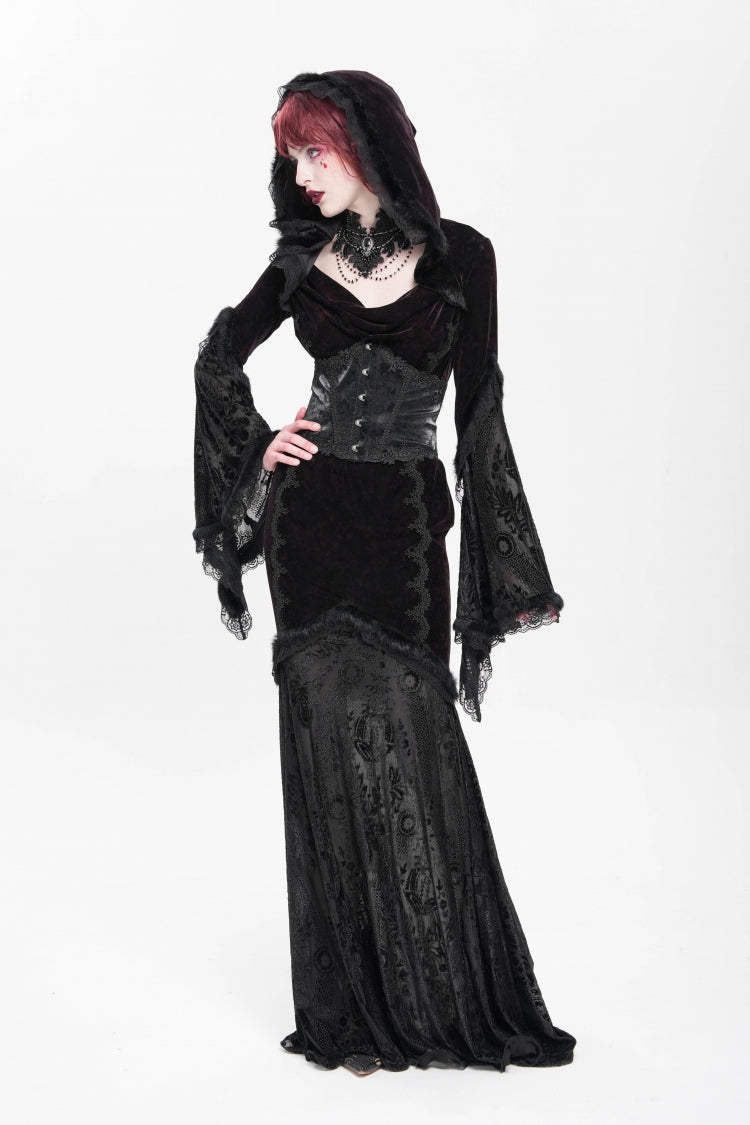 Crimson & Noir Long Flared Sleeve Embroidered Stitched Hooded Mesh Gothic Dress