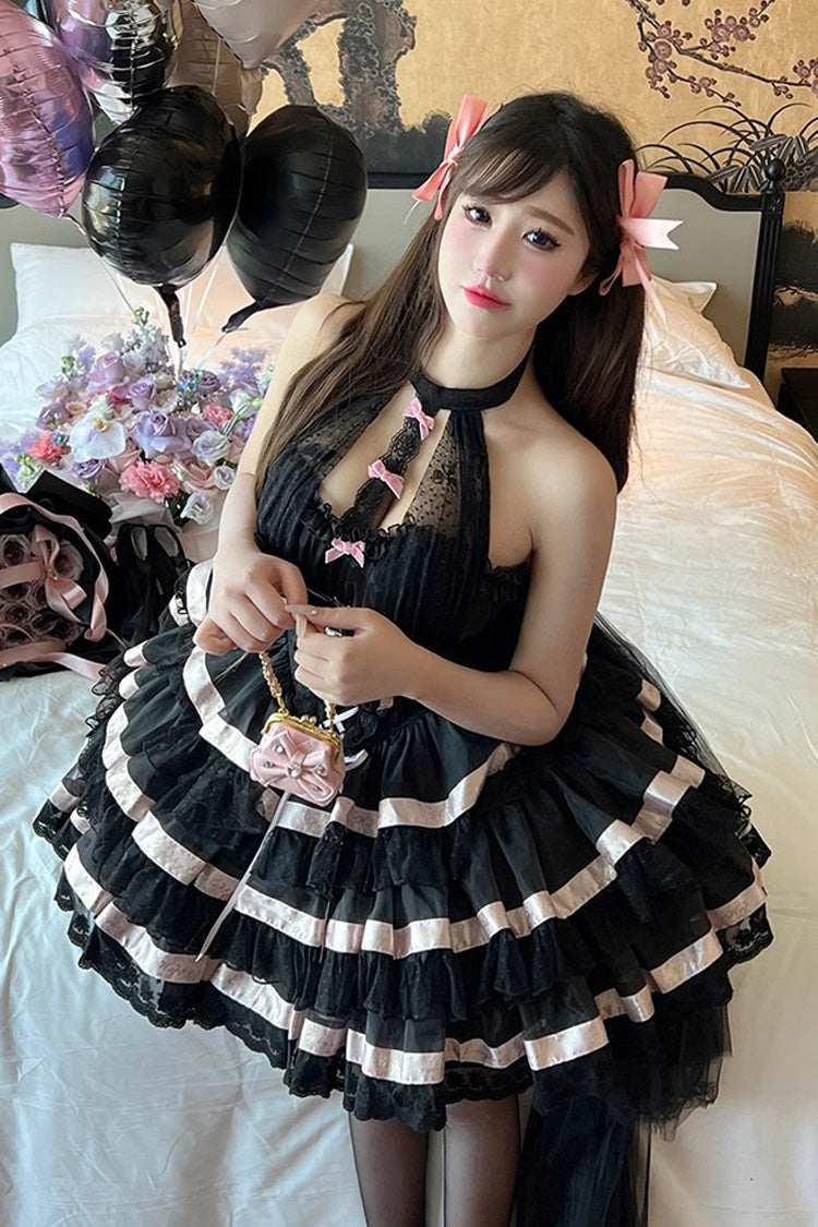 Halterneck Triple-Layered Ruffle Bow Sweet Lolita Dress - Ballet Dream