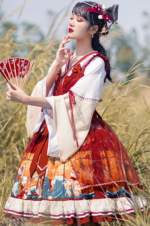 Burgundy Ukiyoe Cat Print Long Sleeve Chinese Style Two-Piece Look Bow Ruffle Sweet Lolita OP Gown