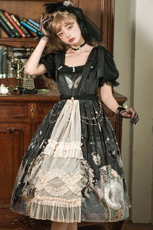 Vintage Butterfly Print High-Waisted Lolita Dress with Square Collar