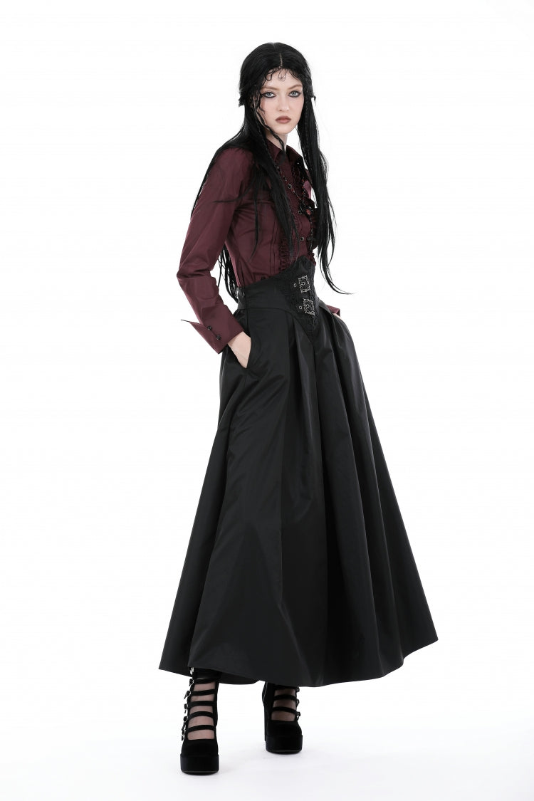 Burgundy Turn-Down Collar Ruffled Long Sleeve Gothic Women's Blouse