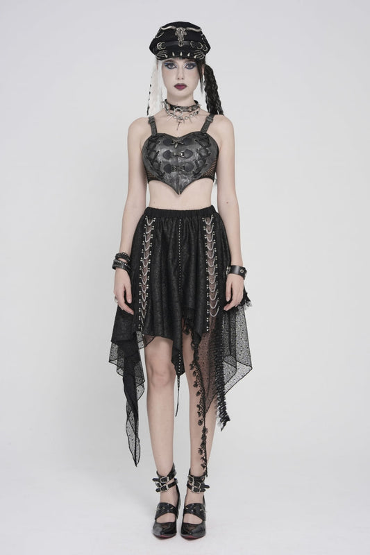 Punk Streamer Skirt with Irregular Hem and Chain Accents