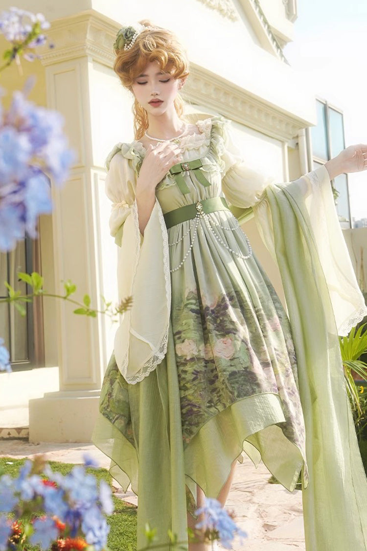 Emerald Blooming Roses Oil Painting Chiffon Ruffle Bow Irregular Sweet Lolita Jumper