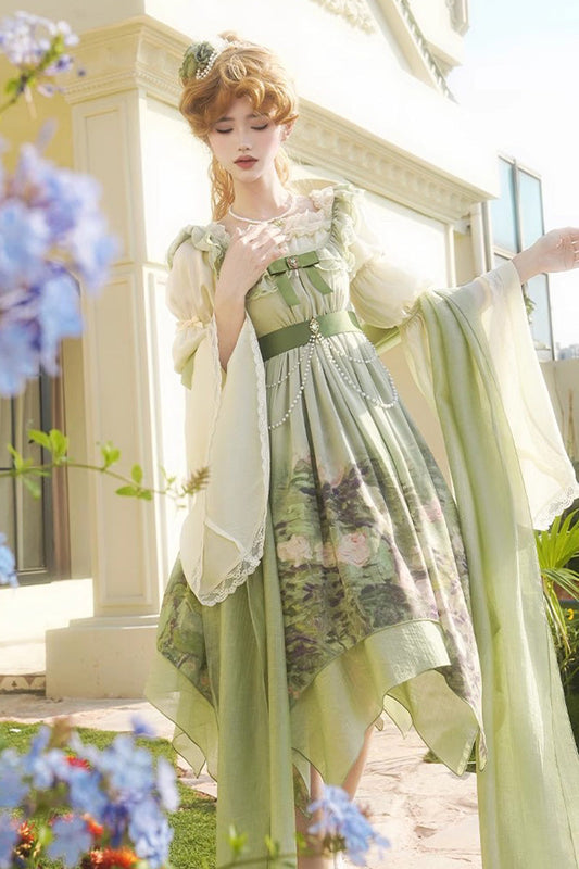 Emerald Blooming Roses Oil Painting Chiffon Ruffle Bow Irregular Sweet Lolita Jumper