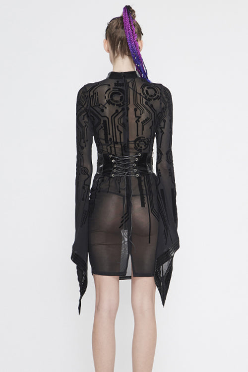 Women's Gothic Dress with Circuit Diagram Flocking Print and Flared Sleeves
