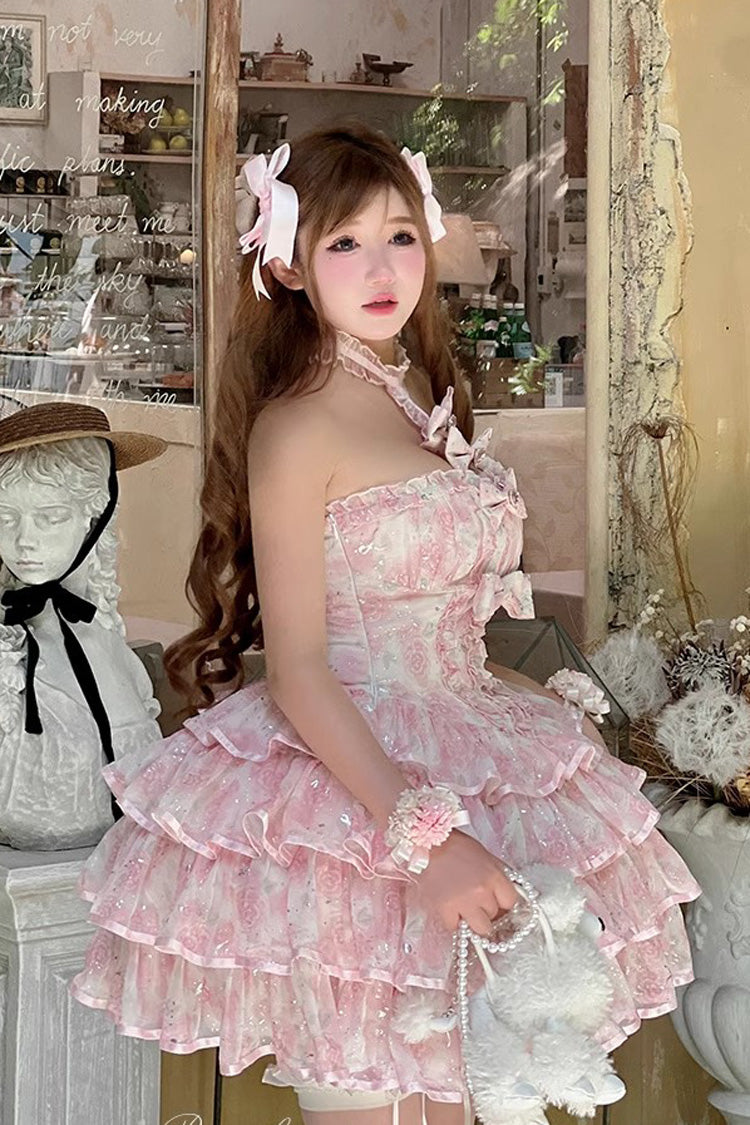 Broken Silver Rose Halterneck Tiered Dress, Multi-Layered Ruffle Bowknot Princess