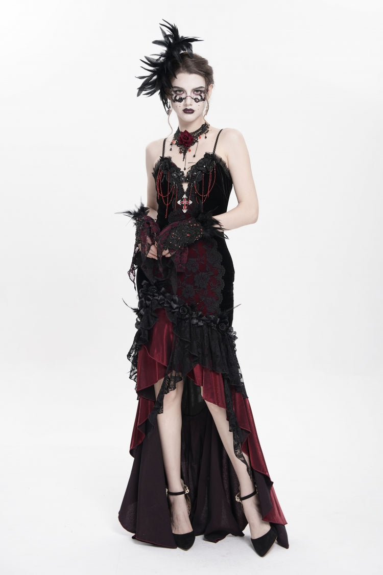 Crimson Gothic JSK with Embroidered Lace and Sleeveless Bardot Neckline