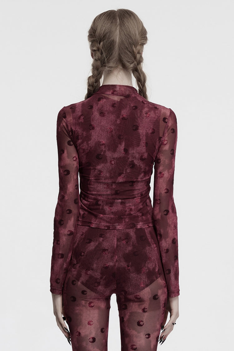 Crimson Gothic Blouse with Moon Print and Ruched Mesh