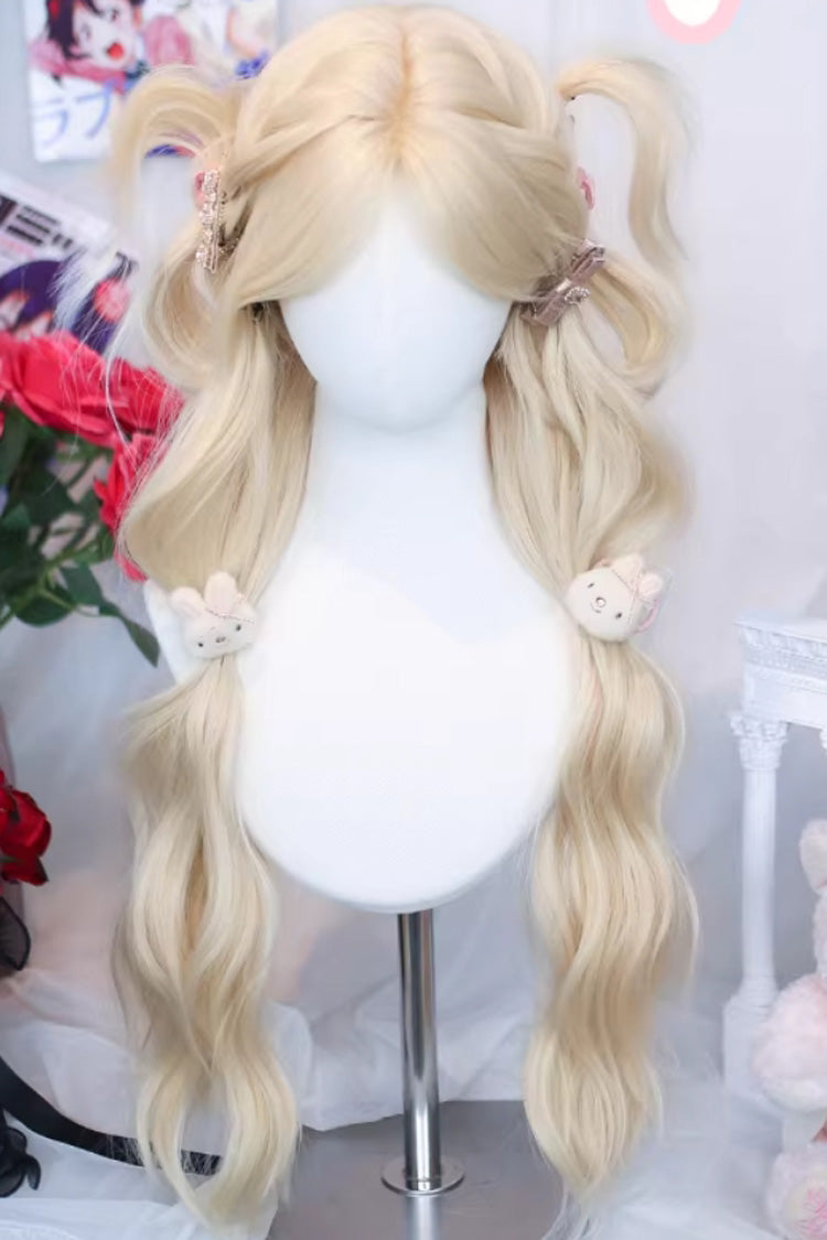 Long Curly Sweet Lolita Wig with Middle Part Curtain Bangs in Beige Blonde