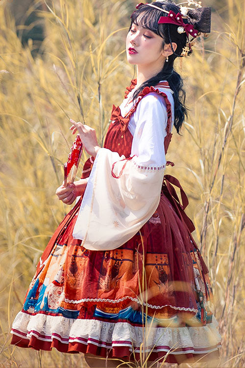 Burgundy Ukiyoe Cat Print Long Sleeve Chinese Style Two-Piece Look Bow Ruffle Sweet Lolita OP Gown