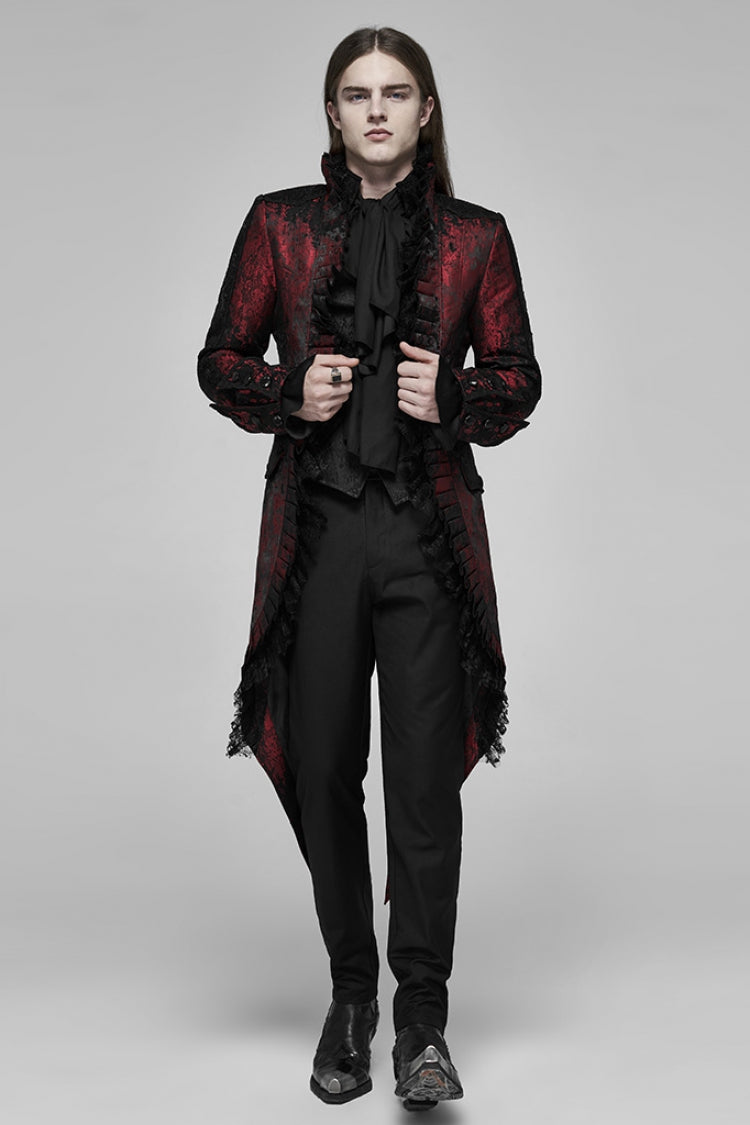 Crimson & Noir Long Sleeve Lace Elegant Men's Vintage Tuxedo Coat