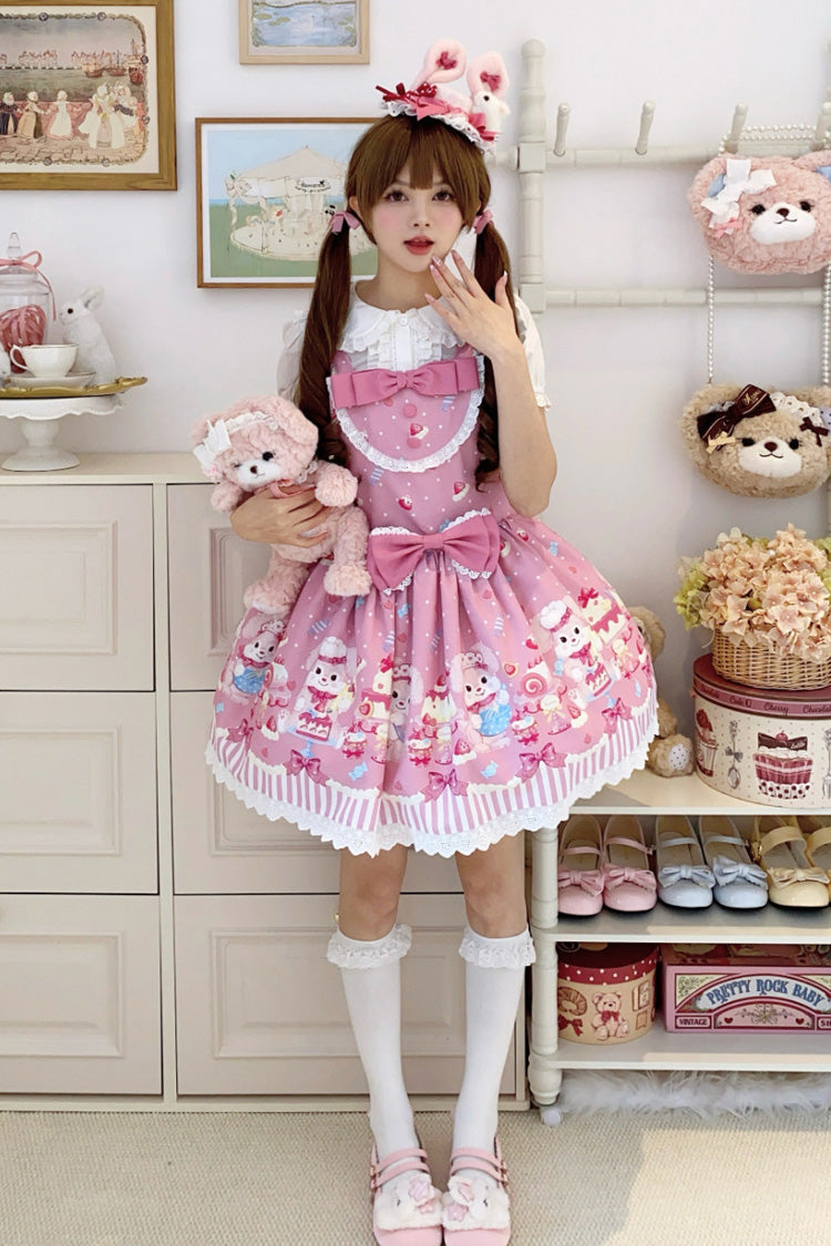 Rose Cupid Bunny Print Sleeveless Bow Princess Lolita Strappy Dress