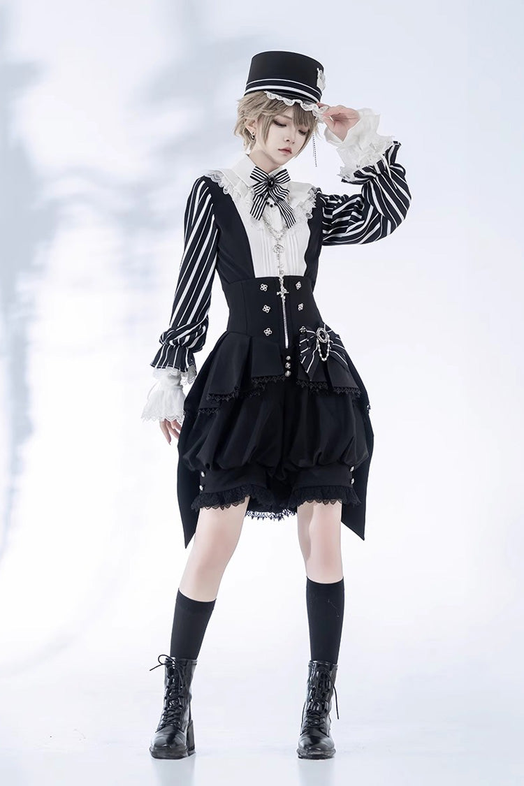 Elegant Lolita Shorts with Stripe Print and Lace - Noir