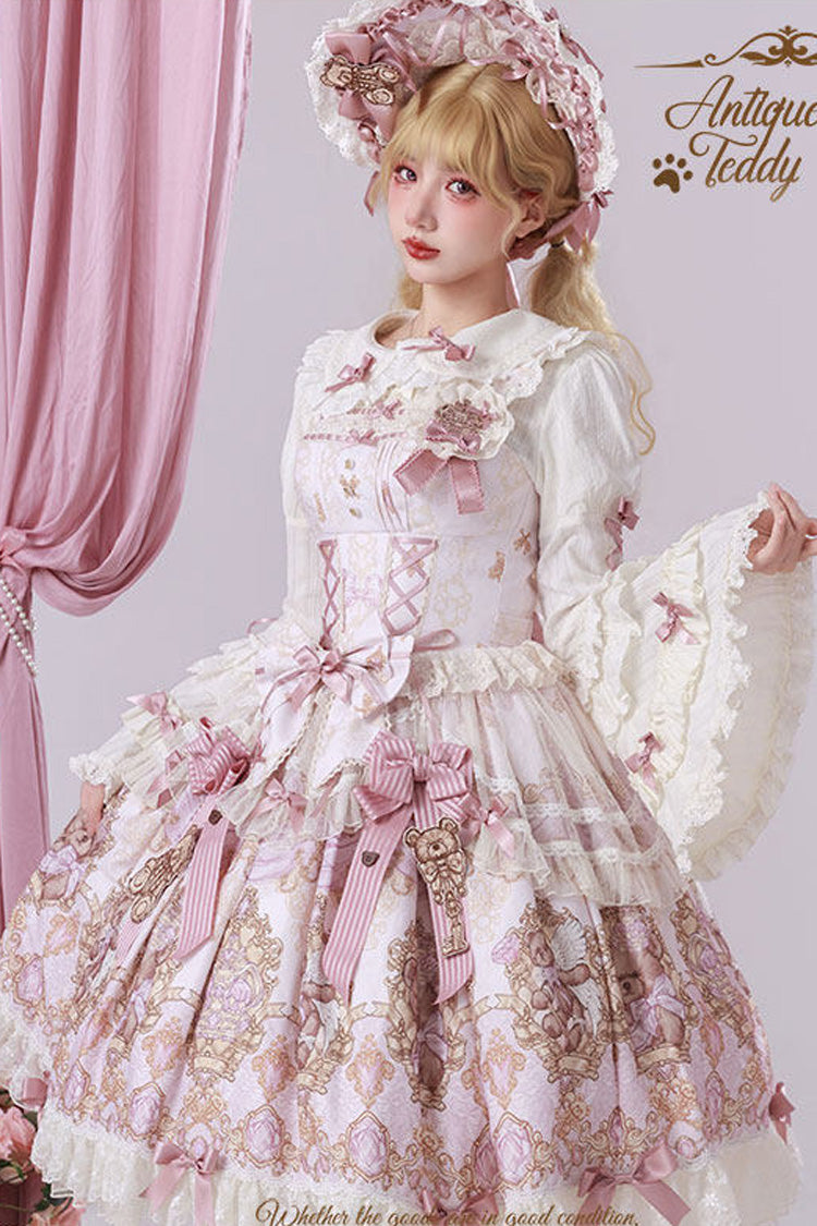 Antique Teddy Bear Sleeveless Printed Bow Lace JSK, Sweet Elegant Lolita