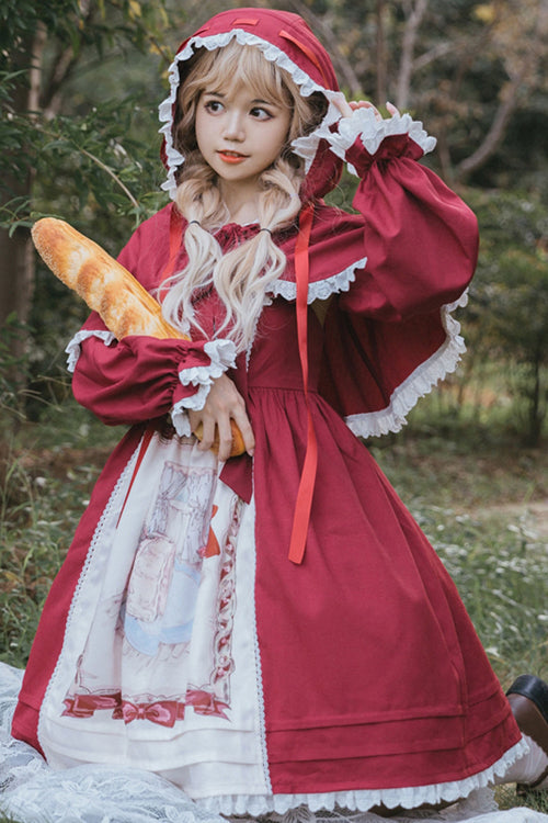 Crimson High-Waist JSK with Hooded Cape and Bow Accents