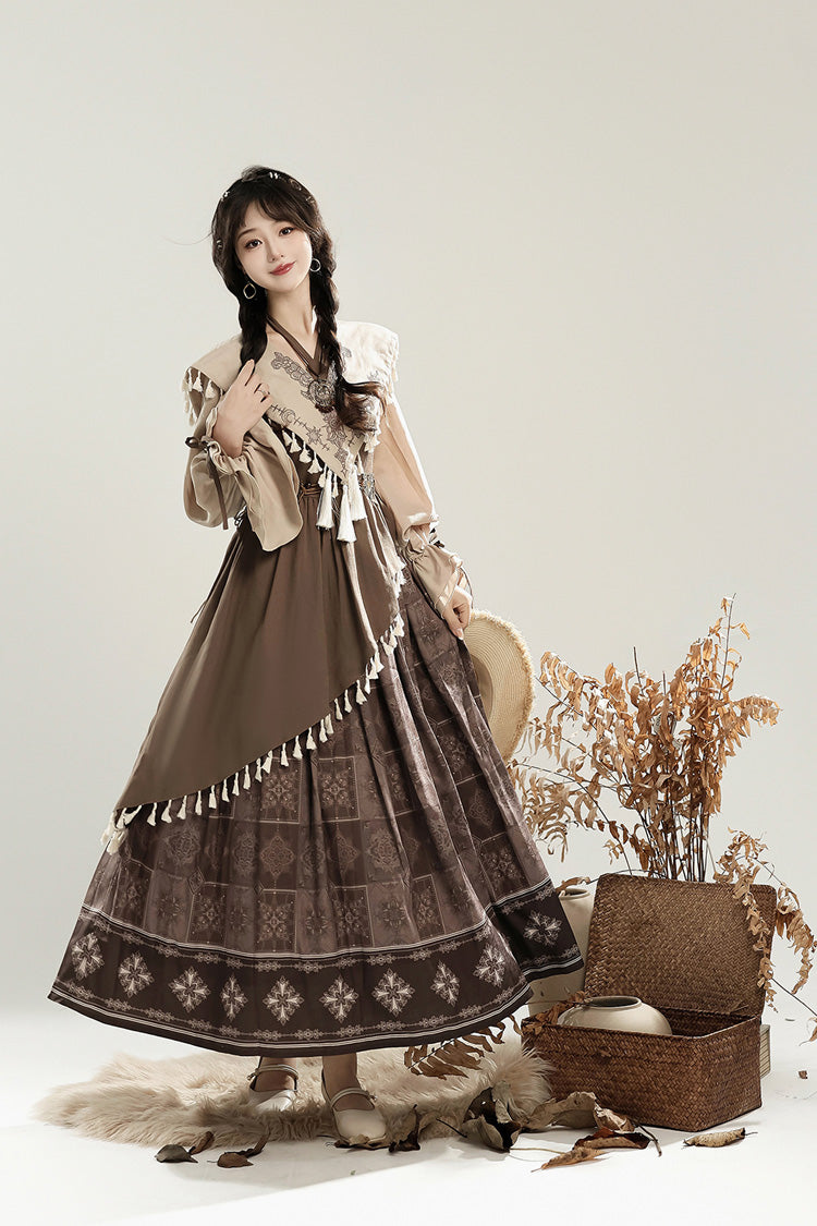 Chinese Style Lolita Dress with Lantern Sleeves and Asymmetric Ruffle