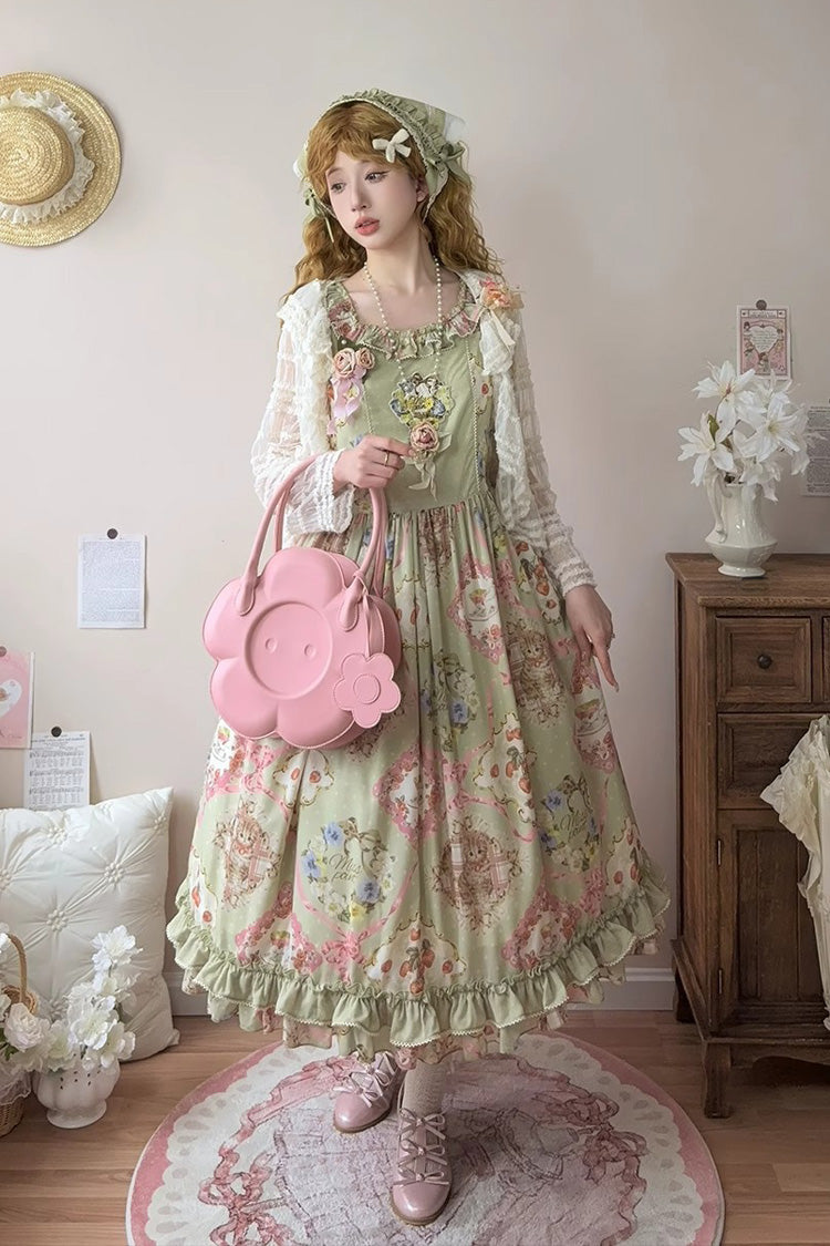 Emerald Cat Rose Tea Sleeveless Floral Ruffle Bow Sweet Lolita Jumper