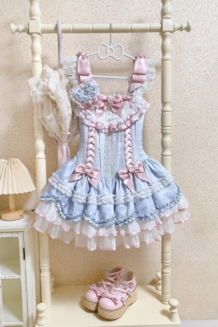Azure Triple Ruffled Bow Lace-Up Slim Ballet Sweet Lolita Outfit