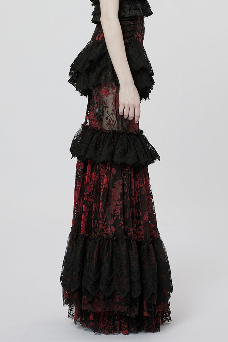 Crimson Noir Layered Ruffle Hollow Lace Gothic Skirt for Women
