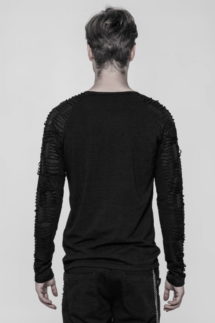 Men's Steampunk Tee with Metal D-Buckle and Ripped Detail, Long Sleeve