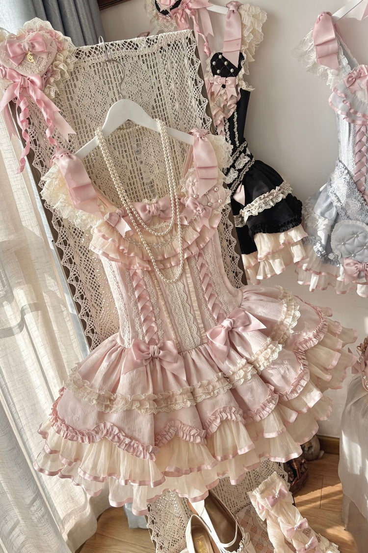 Azure Triple Ruffled Bow Lace-Up Slim Ballet Sweet Lolita Outfit