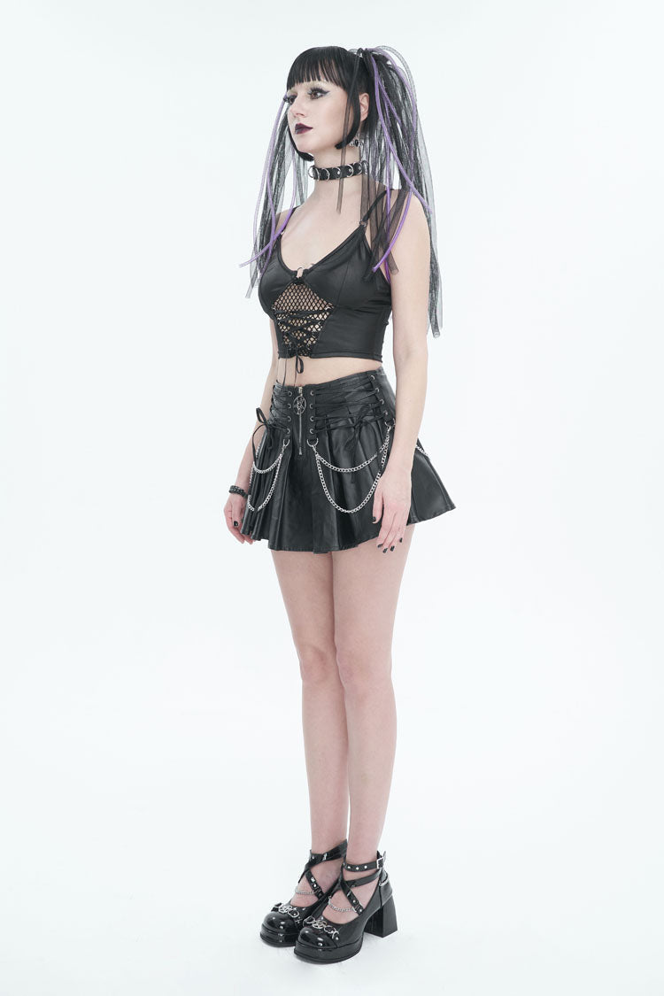 Gothic Camisole with Mesh Panel, Metal Buckle & Adjustable Rope in Black