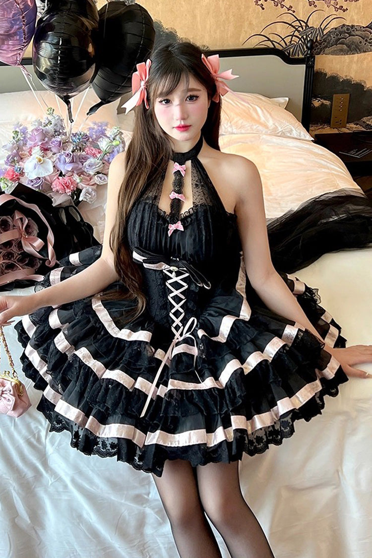 Halterneck Triple-Layered Ruffle Bow Sweet Lolita Dress - Ballet Dream