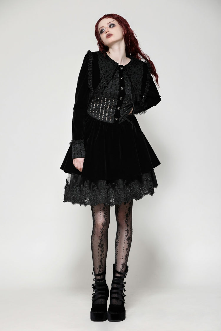 Gothic Velvet Short Dress with Lace Trim and Extended Sleeves