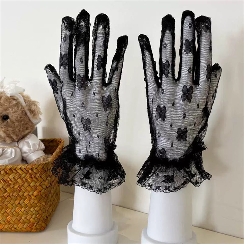Lace Mesh Gloves with Butterfly Embroidery