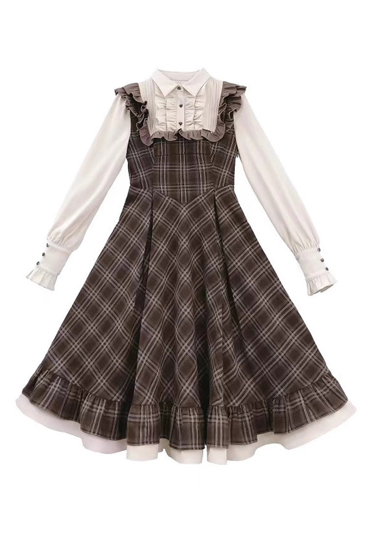 Vintage College Style Lolita Dress with Ruffle Sleeves and Print