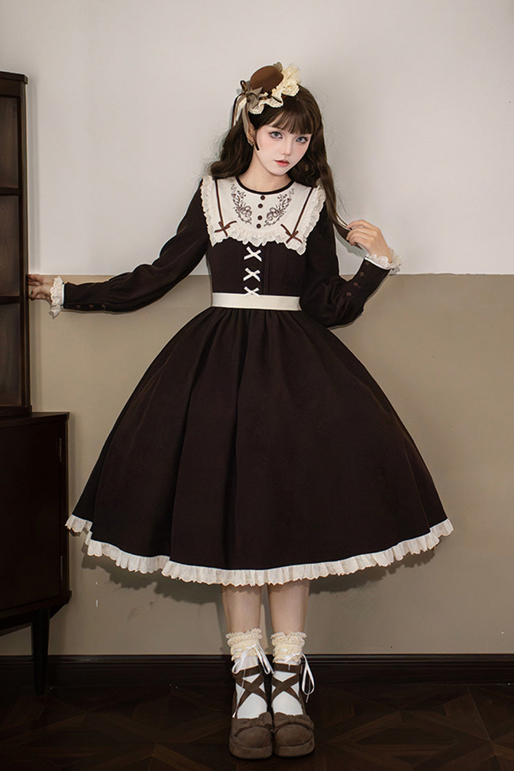 Chocolate Long Sleeve Embroidered Bouquet Ruffle Lolita Dress - Miss Brown