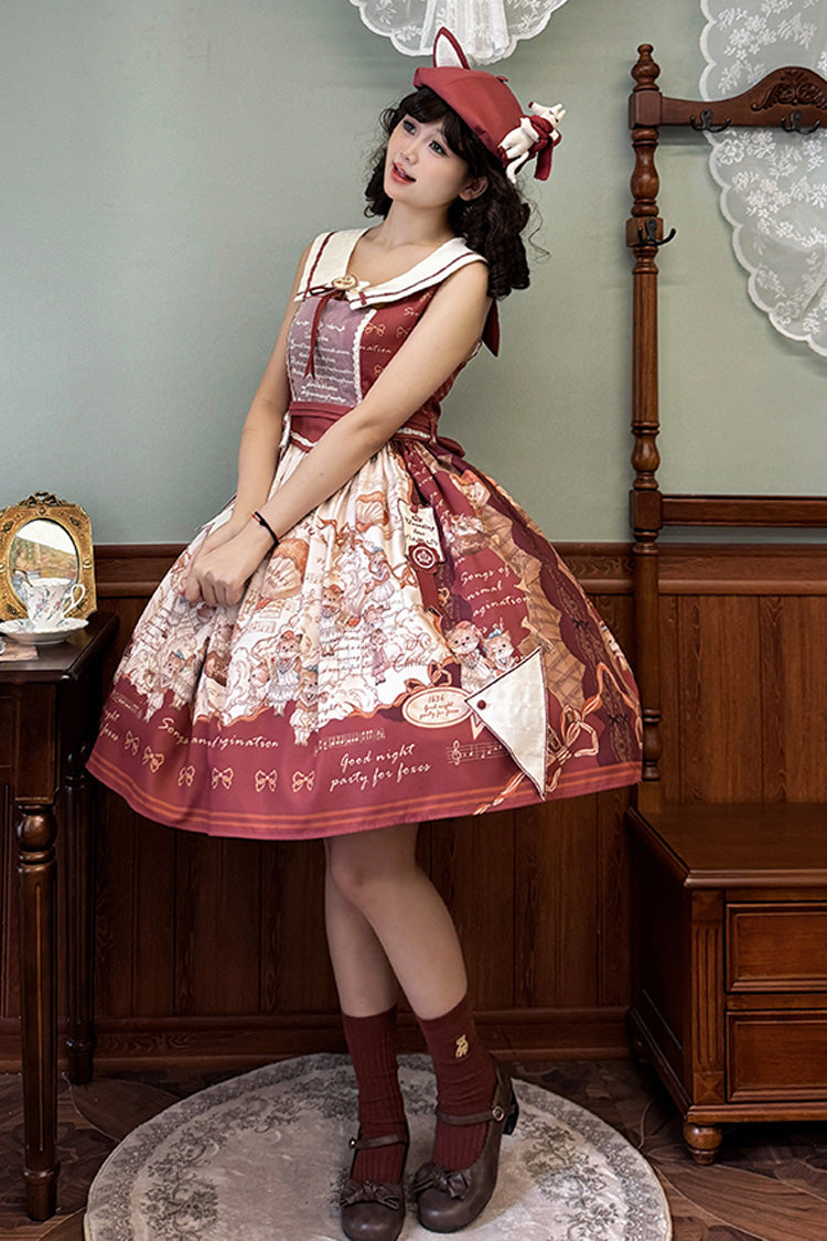 Burgundy Fox Band Print Square Collar Bow Classic Lolita Jumper Dress