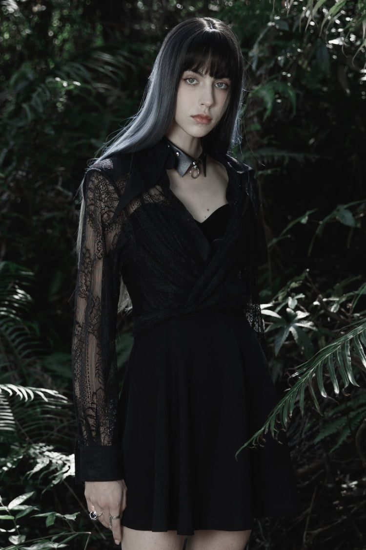 Women's Gothic Shirt with Embroidery and Lace, Long-Sleeve Print Top