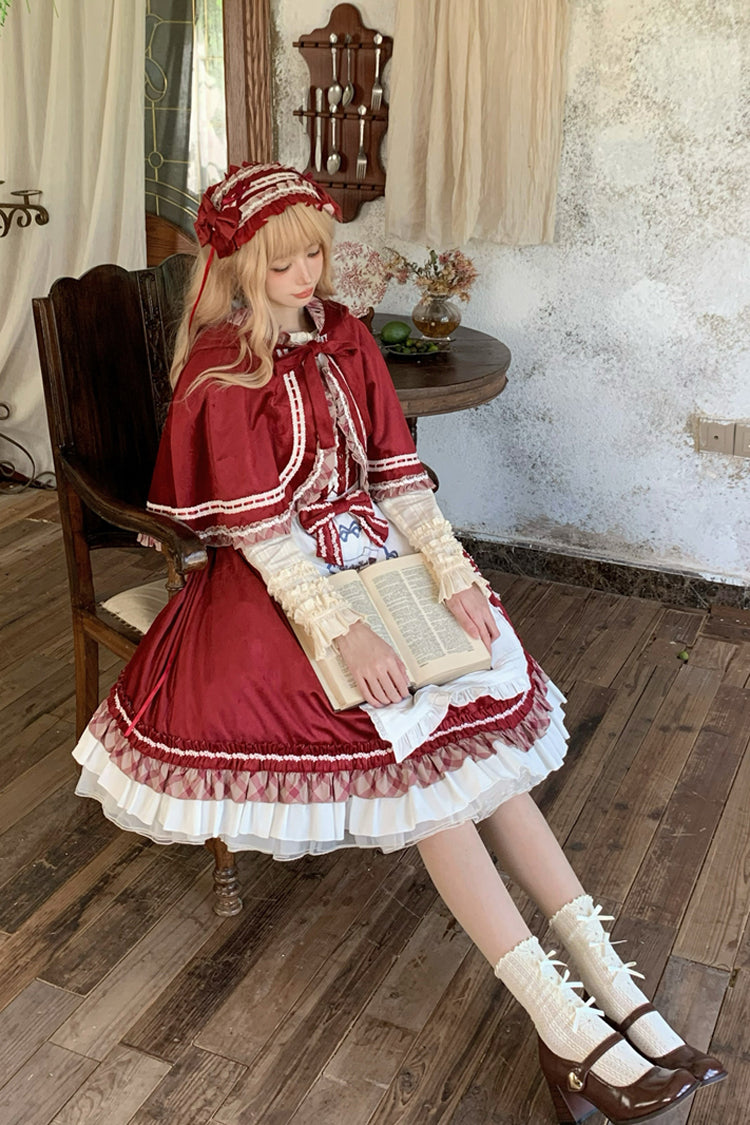 Burgundy Little Red Riding Hood Ruffle Bow Sweet Lolita Jumper Dress