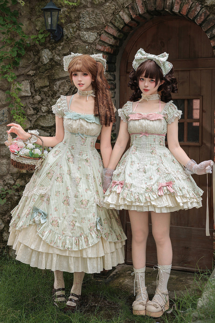 Emerald An Encounter with Austin Square Collar Short Sleeve Multi Rose Printed Ruffled Bow Lace Sweet Lolita Gown