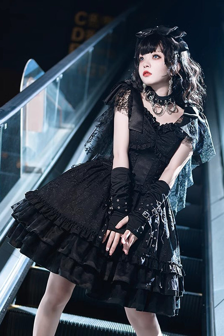 Gothic Lolita Dress with Flying Sleeves Ruffle Trim and Fishbone