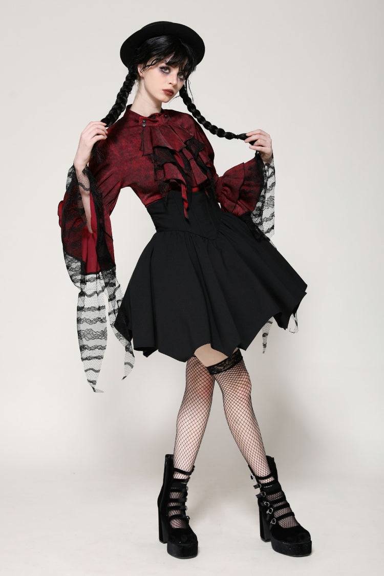 Crimson Gothic Blouse with Frilly Lace and Long Hime Sleeves