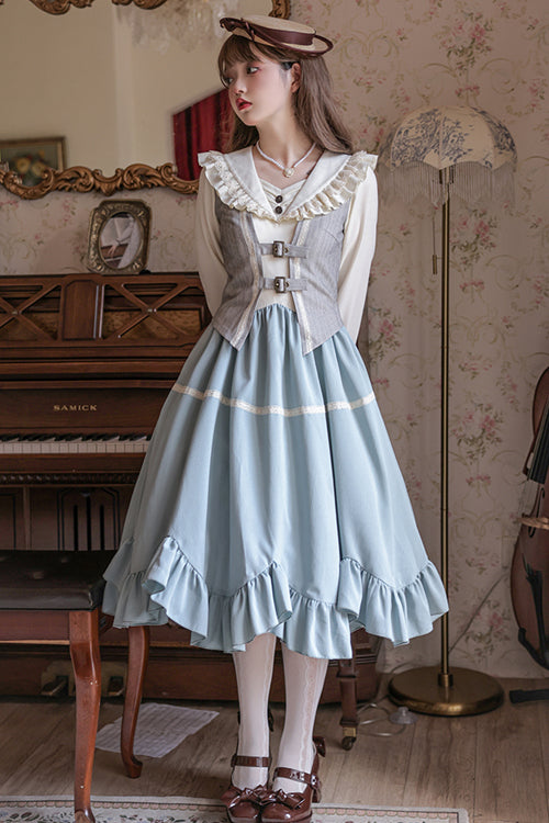 Elegant V-Neck Long Sleeve Petal Hem Three-Piece Lolita OP Set
