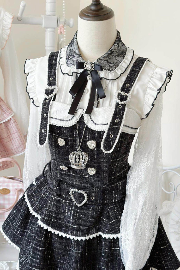 Pearl-Adorned Tartan Jirai Kei Japanese Dress Set