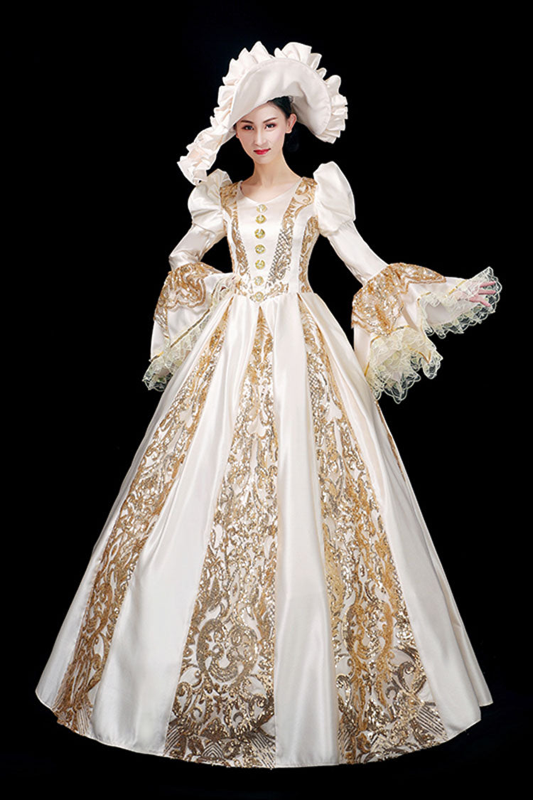Golden Floral Hollow Print Victorian Lolita Dress with Trumpet Sleeves