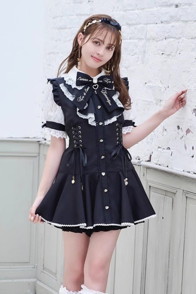 Jirai Kei Sweet Dress with Diamond Buckle, Heart Bow & Lace Faux Two-Piece