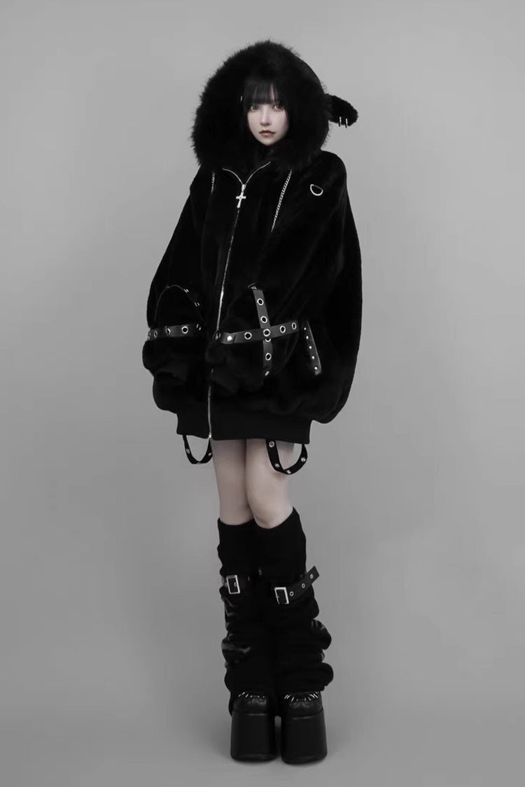 Japanese Jirai Kei Coat with Lamb Ears Hood and Rivets, Extended Sleeves