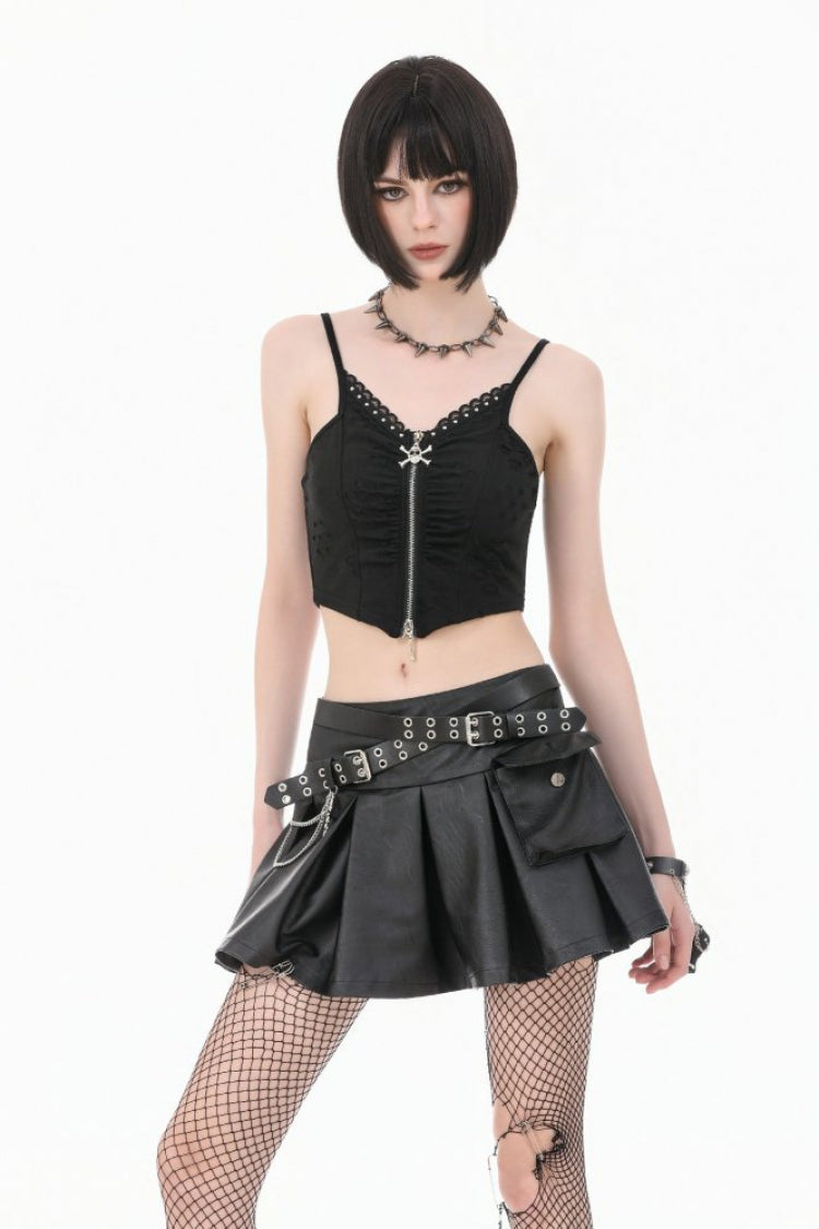 Women's Punk Pleated Skirt with Belt, Chain and Cross Lace-Up Decoration