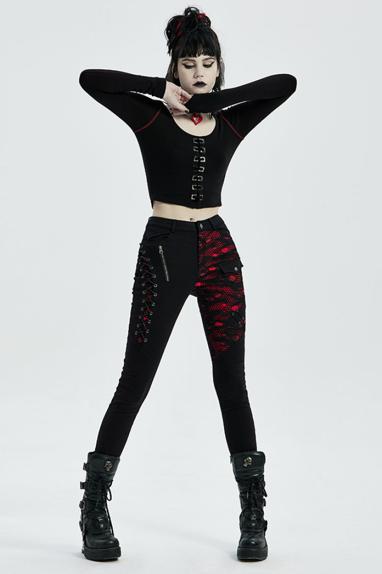 Steampunk Laced Skinny Denim Trousers with Drawstring Accents