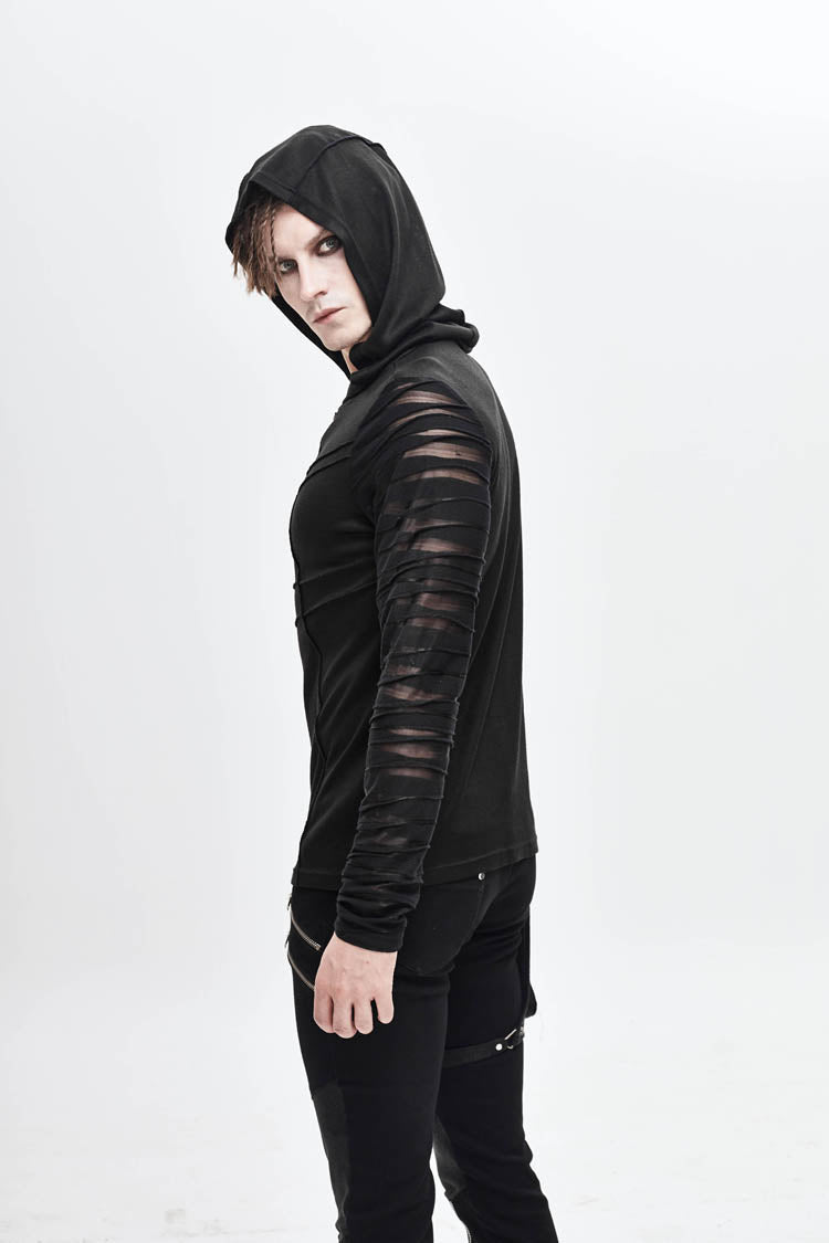 Men's Punk T-Shirt with Hood and Metal Button Striped Patchwork