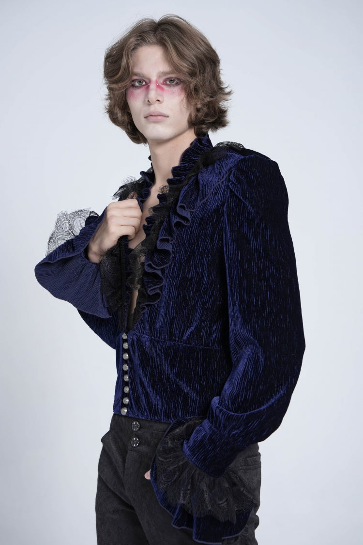 Azure V-Neck Long Sleeve Ruffle Trim Lace Gothic Men's Shirt