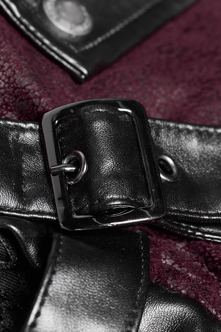 Crimson Steampunk Windbreaker with Metal Buckles and Zipper